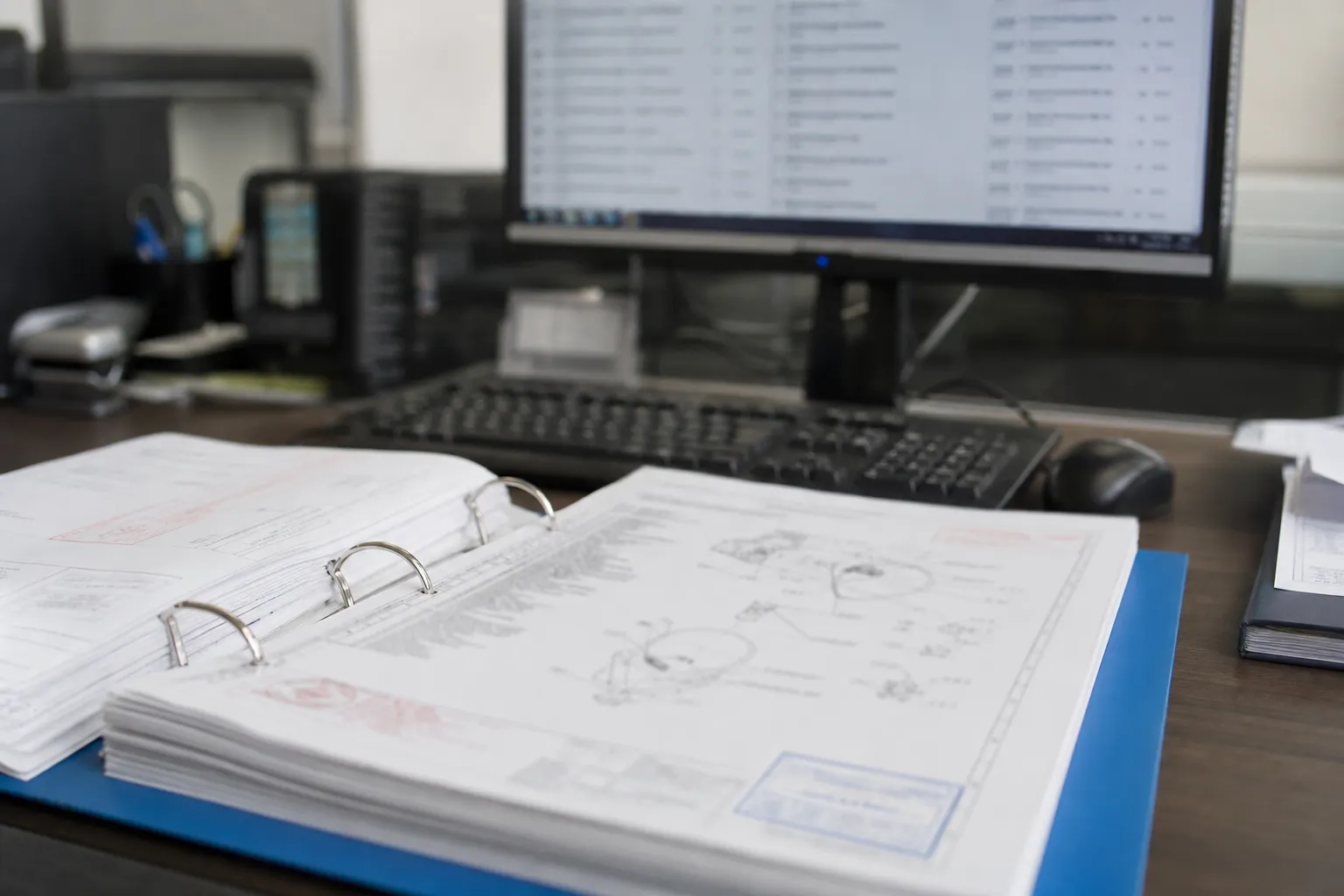 Bureau technique avec un classeur de documentation ouvert affichant des schémas techniques flous et des tampons de validation