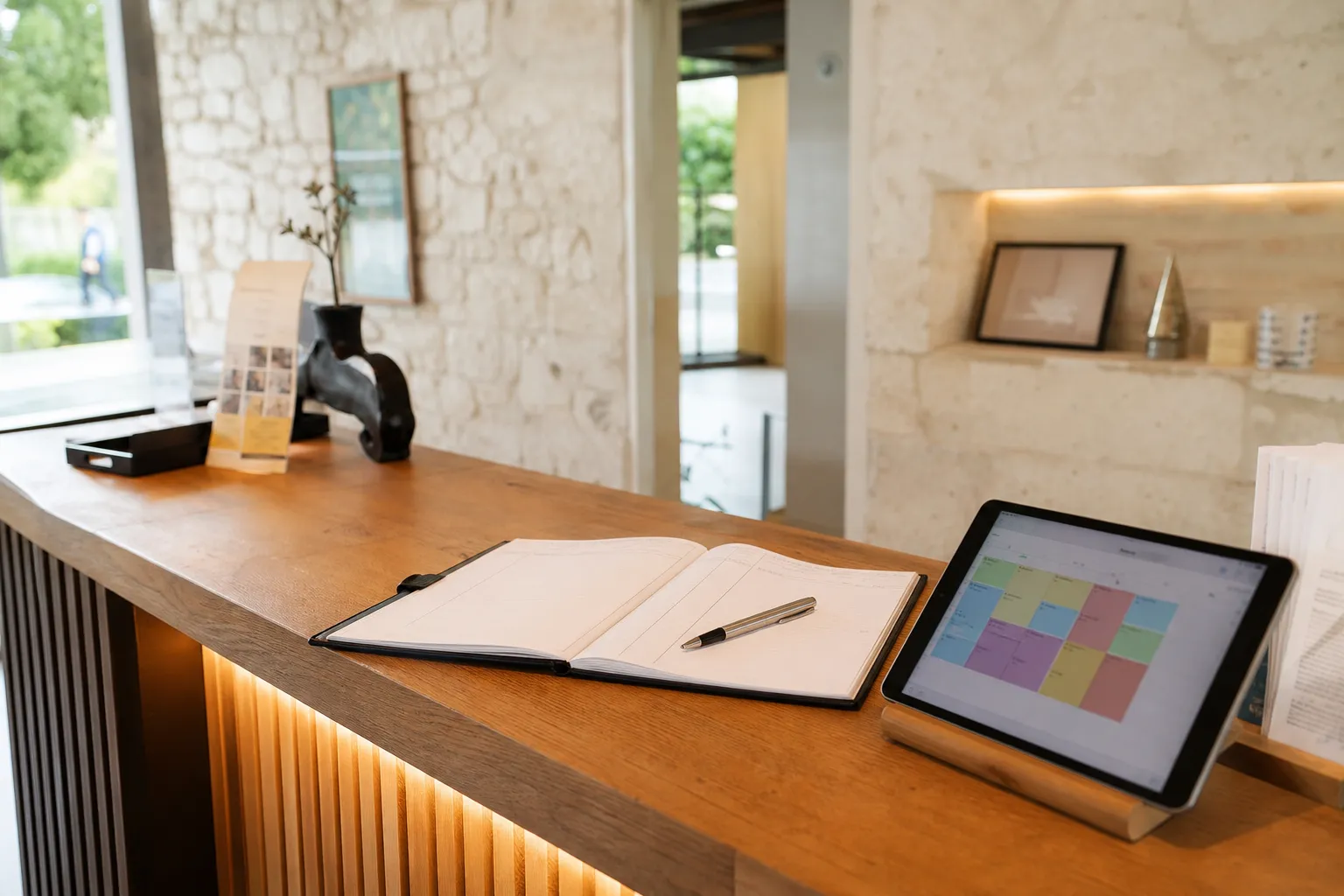 Comptoir d’accueil professionnel avec un registre de réservations ouvert et une tablette affichant un calendrier de créneaux de groupe