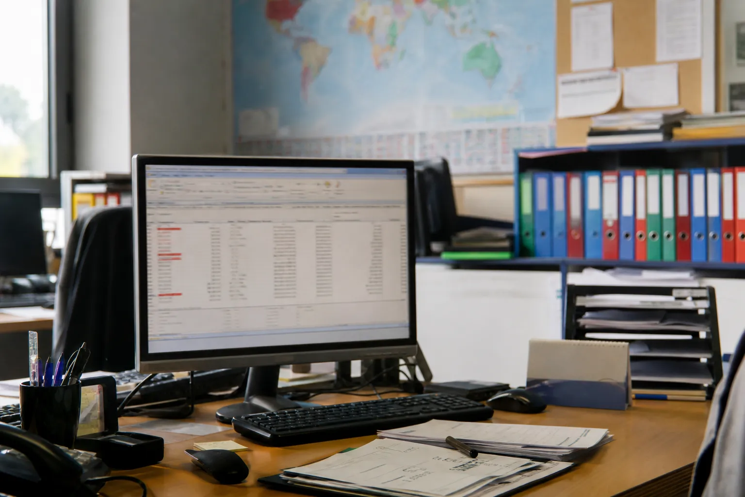 Bureau d’une société de négoce avec un écran affichant un tableau de suivi de commandes, classeurs commerciaux rangés, carte du monde punaisée au mur