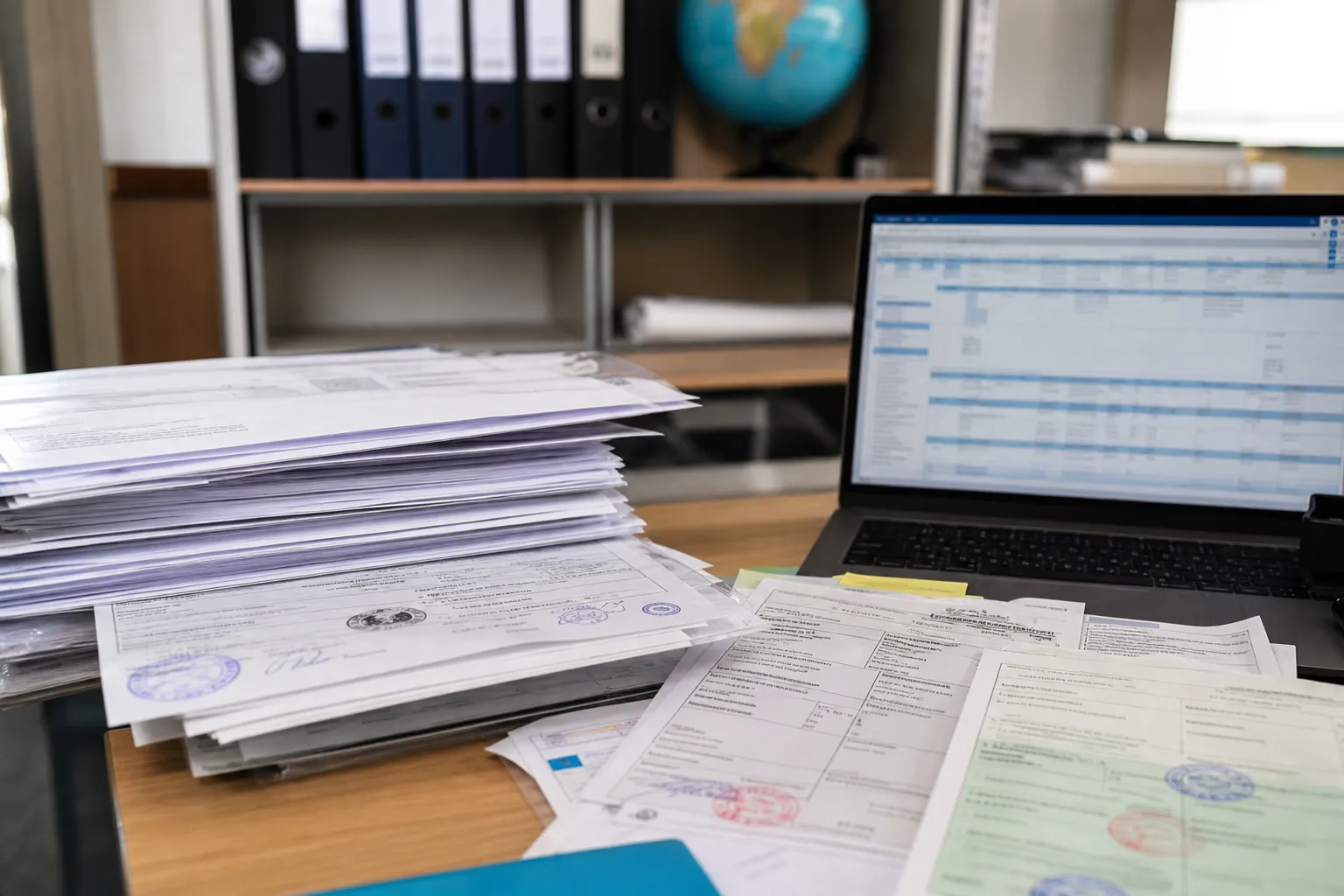 Bureau d’export avec une pile de documents douaniers et de certificats tamponnés, ordinateur portable affichant un tableau de suivi d’expéditions