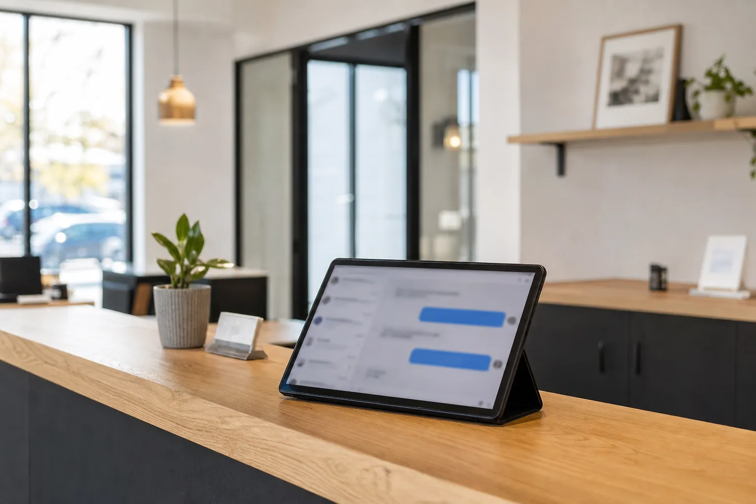 Comptoir d’accueil d’une petite entreprise de services avec une tablette affichant une fenêtre de conversation, décor en bois clair