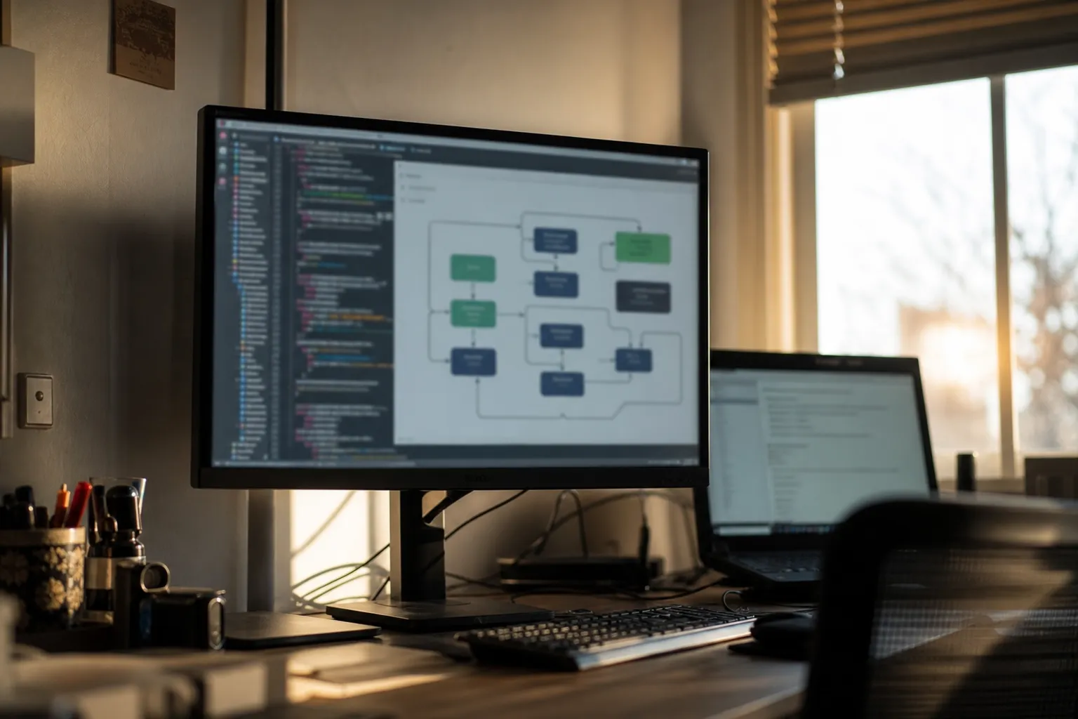 Poste de travail de développeur avec un écran affichant des blocs de code flous et une fenêtre de schéma d’architecture