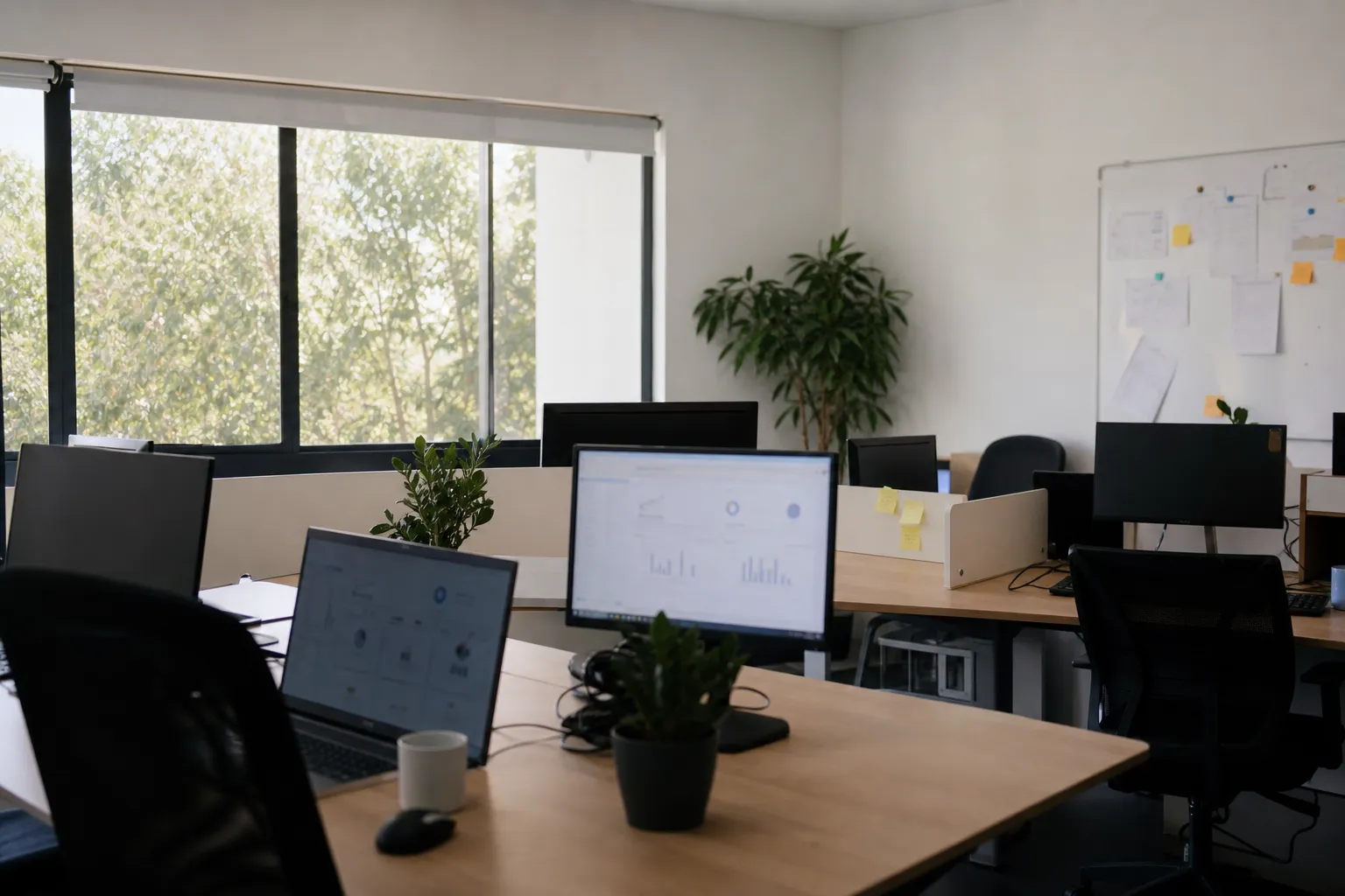 Bureau partagé d’une petite entreprise avec plusieurs postes de travail affichant des tableaux de bord sobres, plantes vertes, grande fenêtre